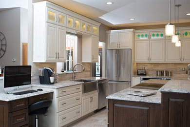 Design ideas for an expansive transitional l-shaped eat-in kitchen in Detroit with a farmhouse sink, raised-panel cabinets, white cabinets, quartz benchtops, grey splashback, stone tile splashback, stainless steel appliances, ceramic floors and with island.