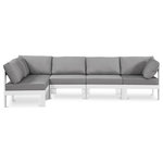 Meridian Furniture - Nizuc Water Resistant Patio L-Shaped Modular Sectional, Gray, 5-Piece: 3 Armless Chair, 2 Corner Chair, White Aluminum Frame - Pick and choose your favorites from the Nizuc collection to create a modular seating group the whole gang will enjoy. The sturdy aluminum frame provides dependable support for friends and family as they relax and unwind, and the resilient grey water resistant fabric stands up to the elements without losing its beautiful demeanor, so you can count on it lasting for the long haul. Latches beneath these seating pieces help you easily attach them to one another for convenient setup.