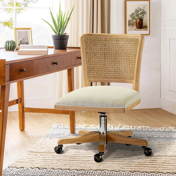 Unique Armless Office Chair, Swiveling Cushioned Seat & Rattan Backrest, Beige