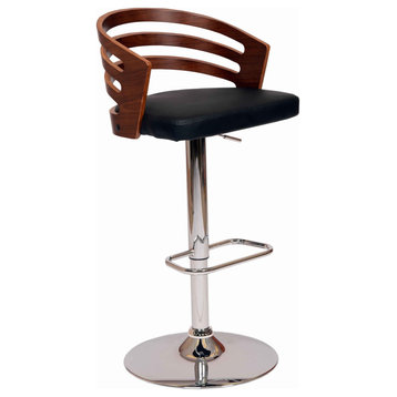 Open Wooden Back Faux Leather Barstool With Pedestal Base, Black And Brown