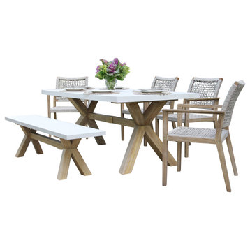 6-Piece Ivory Composite and Eucalyptus Wash Dining Set With Bench