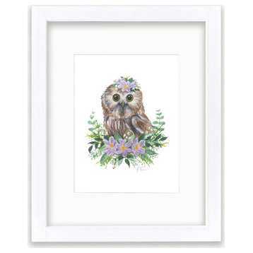 "Woodland Littles 1" Owl Individual Framed Print, With Mat, White, 11"x14"
