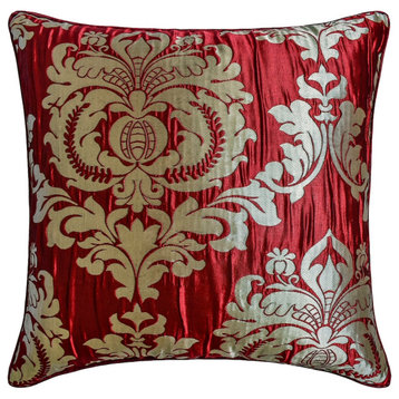 Red Jacquard  Pleated Dull Gold Damask 22"x22" Throw Pillow Cover - Damask Aurum