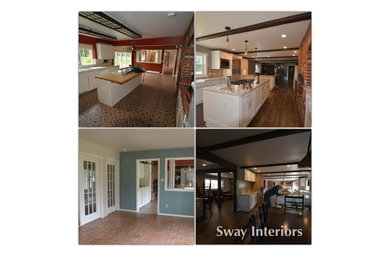 Eat-in kitchen - contemporary u-shaped dark wood floor eat-in kitchen idea in Other with a farmhouse sink, shaker cabinets, white cabinets, quartz countertops, multicolored backsplash, glass tile backsplash, stainless steel appliances and an island