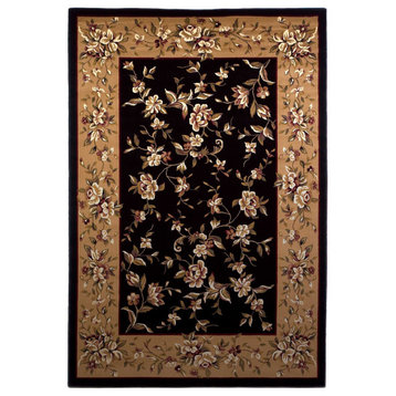 HomeRoots 7' Octagon Black or Beige Floral Bordered Indoor Area Rug