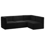 Meridian Furniture - Quincy Velvet Upholstered 4-Piece L-Shaped Modular Sectional, Black - Show them all that less is more with the minimalist look of this Quincy velvet cloud-like comfort modular sectional. This elegant chair features a simple design that's all about comfort and modern style. The soft black velvet upholstery is sleek to the touch, and the back of the unit features deep horizontal channel tufting for a look that wows. Because this is a modular seating option, you can pair it easily with other items in the Quincy collection to create a look you love. Latches underneath make it easy to mix and match items from the collection.