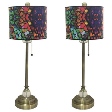 28" Crystal Buffet Lamp With Mosaic Stained Glass Shade, Antique Brass, Set of 2