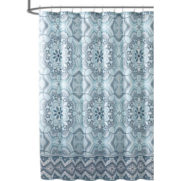 Teal Aqua Fabric Shower Curtain, Floral Gems Mandala Print with Geometric Border