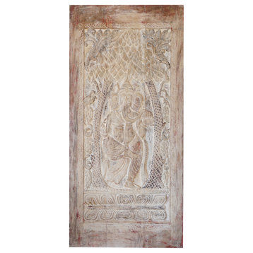 Consigned Vintage Ivory Wash Ganesha Wall Sculpture, Carved Indian Door