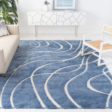 Modern Area Rug, Unique Abstract Wavy Patterned Polypropylene, Light Blue Cream