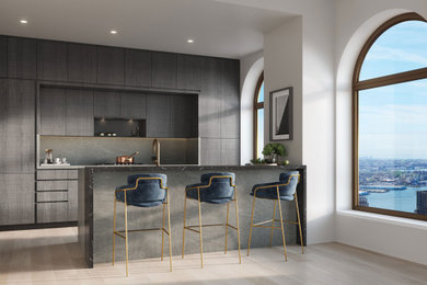 Photo of an expansive modern single-wall kitchen in New York with an undermount sink, flat-panel cabinets, black cabinets, marble benchtops, grey splashback, marble splashback, panelled appliances, light hardwood floors, with island and grey benchtop.