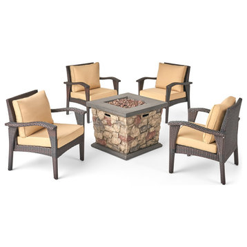 Ella Outdoor 4 Club Chair Chat Set With Fire Pit, Brown