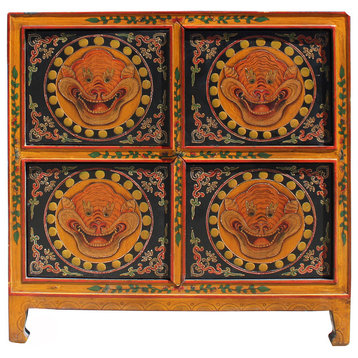 Chinese Tibetan Orange Black Foo Dog Graphic Credenza Storage Cabinet Hcs4135