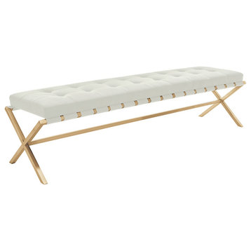 Auguste Bench in Brushed Gold Stainless Steel Frame, White, Large