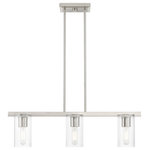 Livex Lighting - Clarion 3 Light Brushed Nickel Linear Chandelier - The Clarion transitional three light linear chandelier will bring posh sophistication to your decor. The angular frame and clear cylinder glass give this brushed nickel finish a sleek, contemporary look.