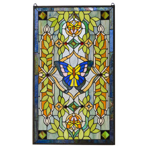 20.5"W x 34.5"H Handcrafted Jeweled stained glass window panel. 