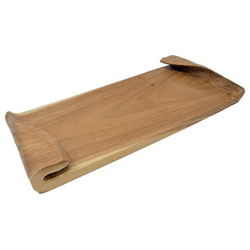 Contemporary Carved Curved Solid Wood Scroll Tray 16 x 8 in Minimalist Natural`