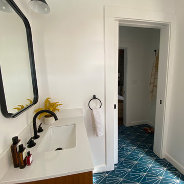 Bathroom complete remodel Mid Century style, vanity, view on the shower space.