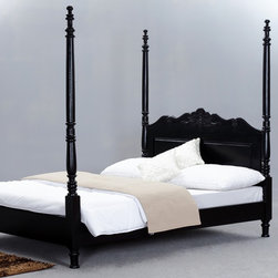 Midnight Empire Mango Wood 4-Poster Bed Frame w Hand Carved Headboard - Canopy Beds