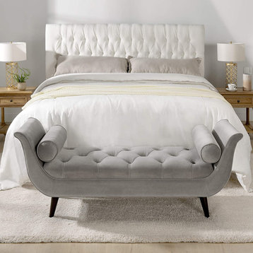 Unique Upholstered Bench, Diamond Tufted Seat With Flared Arms, Opal Grey