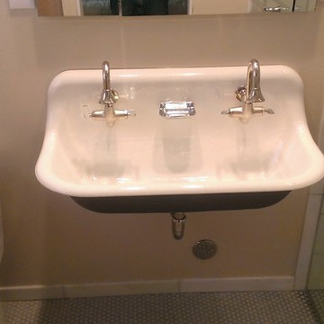BATHROOM - Calcutta Gold Marble Shower / Gray Penny Tile Floor