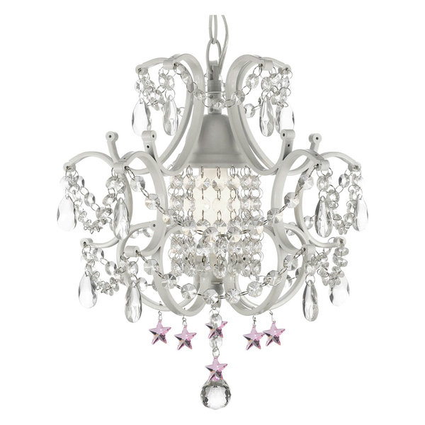 Versailles 6 Light White Chandelier with Crystals, Pink Shade and Pink Crystal Stars Versailles 6 Light White Chandelier with Crystals, Pink Shade and Pink Crystal Stars