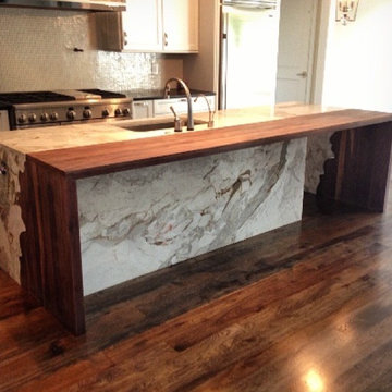 White Nuvolato Marble and Walnut Island