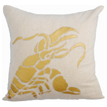 Beige Beach Throw Pillows Cotton Indian Pillow Covers, 20"x20", Gold Lobster