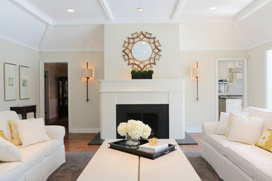 Large transitional formal and open concept medium tone wood floor living room photo in Toronto with white walls, a standard fireplace, a stone fireplace and no tv