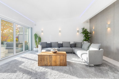 Modelo de salón para visitas abierto minimalista extra grande con paredes blancas, suelo de cemento, chimenea lineal, televisor independiente y suelo gris