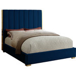 Meridian Furniture - Becca Velvet Upholstered Bed, Navy, King - Transform your bedroom into a luxurious place to retired in the evenings with this elegant Becca navy velvet king bed. Featuring a navy velvet base with channel tufting atop a polished gold metal frame, this king-size bed makes a bold statement even when incorporated with existing contemporary bedroom decor. With a width of 85 inches, depth of 86 inches, height of 61.5 inches, and footboard height of 13.5 inches, this chic bed offers ample space for you to get a good night's rest.