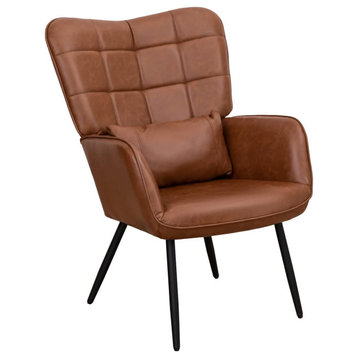Modern Accent Chair, Black Metal Legs With Cushioned Faux Leather Seat, Brown