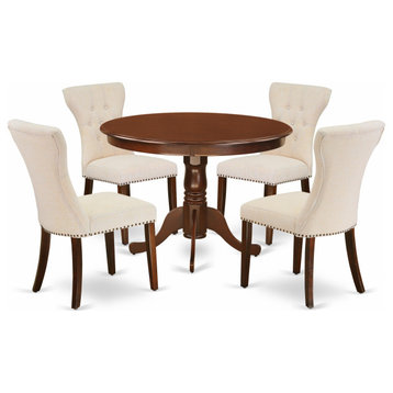 5Pc Dining Set 4 Upholstered Chairs, Round Table Hardwood Frame, Mahogany Finish