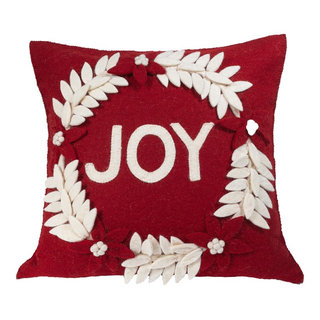 Hand Felted Wool Christmas Pillow - JOY Wreath Natural Gray - 20