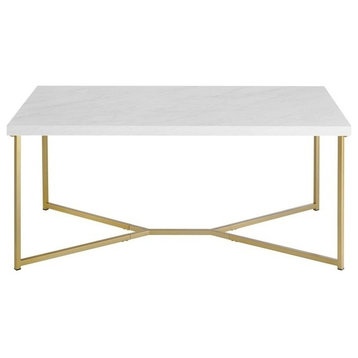 Pemberly Row Rectangle Coffee Table in White Faux Marble and Gold