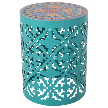 Misael Outdoor Lace Cut Side Table With Tile Top, Teal/Multi-Color