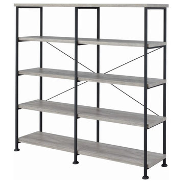 Industrial Bookcase, Wide Design With Open Metal Frame With 4 Shelves, Gray