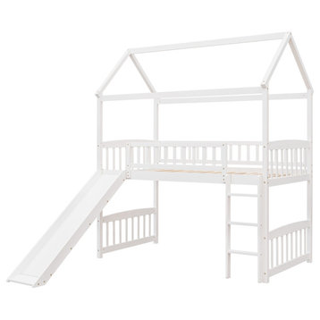 Gewnee Wood Twin Loft Bed with Slide,House Bed with Ladder in White