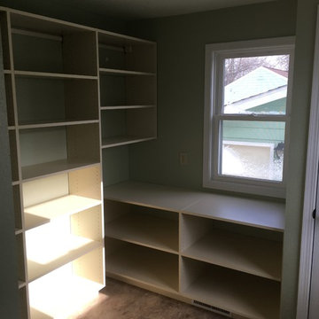 Pantry with base cabinet and wall of shelving