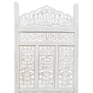 Carved 4 Panel Wooden Partition Screen/Room Divider, Distressed White