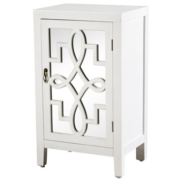 Contemporary Nightstand, Mirrored Door With Overlay Patterned Accent, White