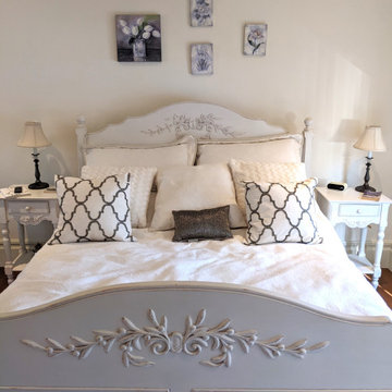 French Country guest room and hallway on Ile de Mai, Boisbriand