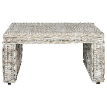 Modern Coastal Coffee Table, Rattan Construction With Square Top, Washed White