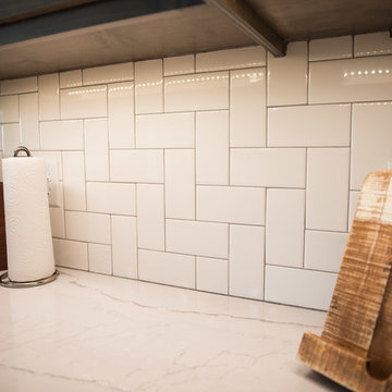 Transitional Kitchen in Grey with patterned floor