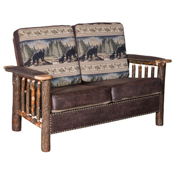 Hickory Log Love Seat With Faux Brown Leather Arms and Accents, R. Bradley