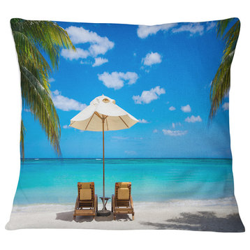 Turquoise Beach with Chairs Seashore Photo Throw Pillow, 16"x16"
