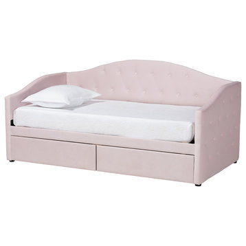 Mansi Modern Light Pink Velvet Fabric Upholstered Full Size 2-Drawer Daybed