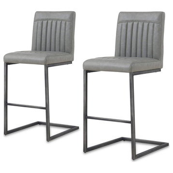 2 Pack Vintage Bar Stool, Cantilever Legs & Grey PU Leather Seat, Counter Height