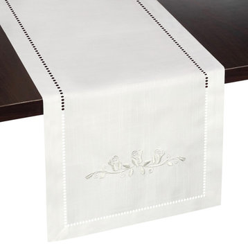 Ivory Rose Embroidered Hemstitch Table Runner, Rustic Farmhouse Decor, Off White, 13"x54"