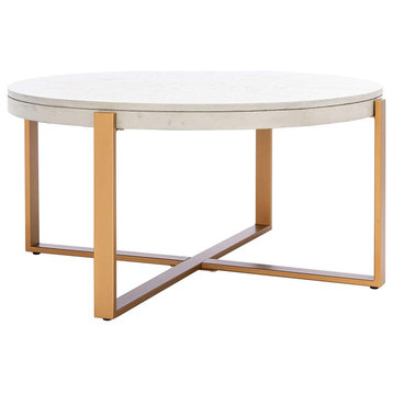 Modern Coffee Table, Gold Crossed Metal Base With White Washed Round Top